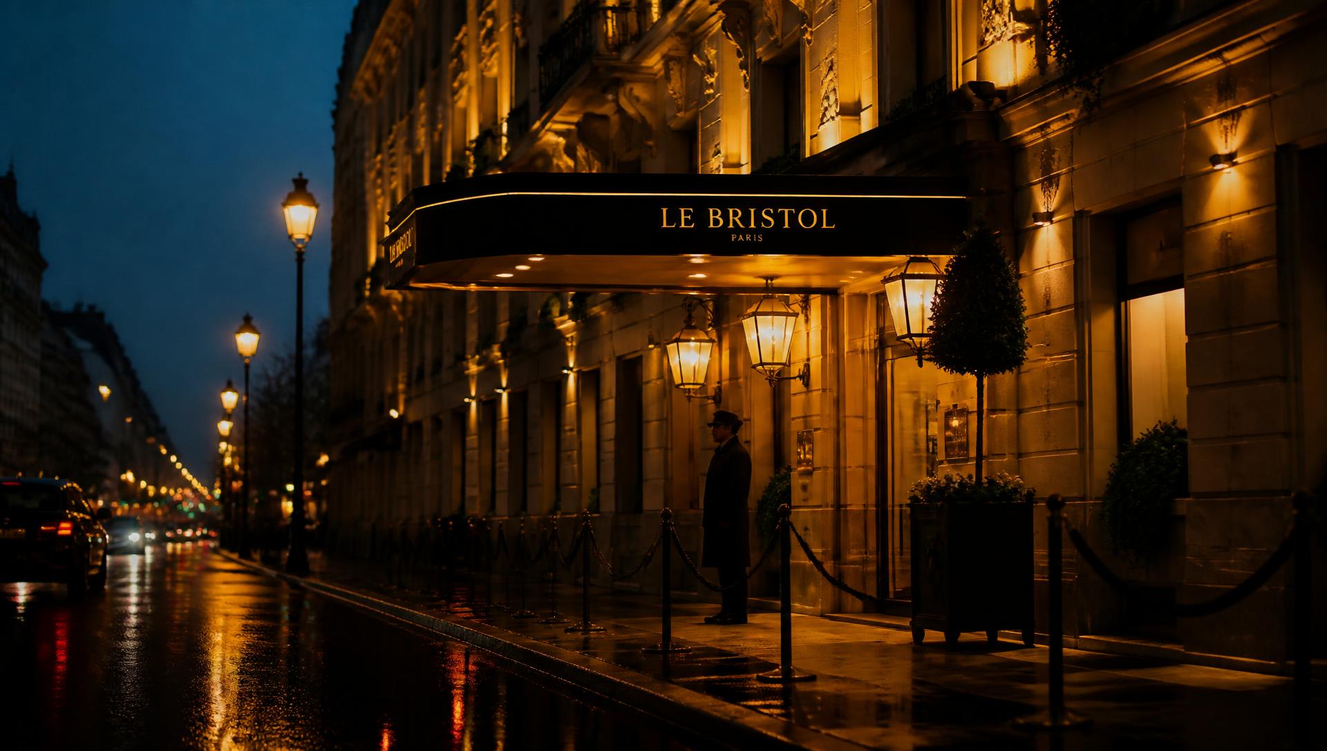 Façade d'un hôtel 5 étoiles illuminée à l'heure bleue